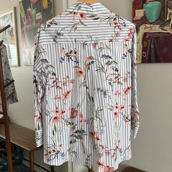 Zara - Striped Poplin Button-Down Shirt with All-Over Bird Print in White/Blue - Picture 4 of 9
